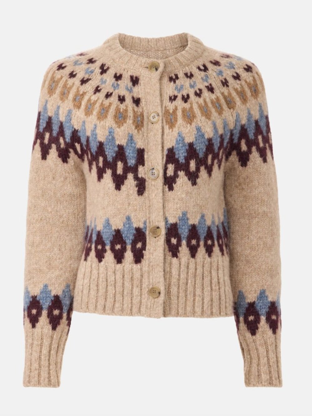 Veronica Beard Christina Fairisle Cardigan Beige Nordic-Pattern Cardigan Sweater